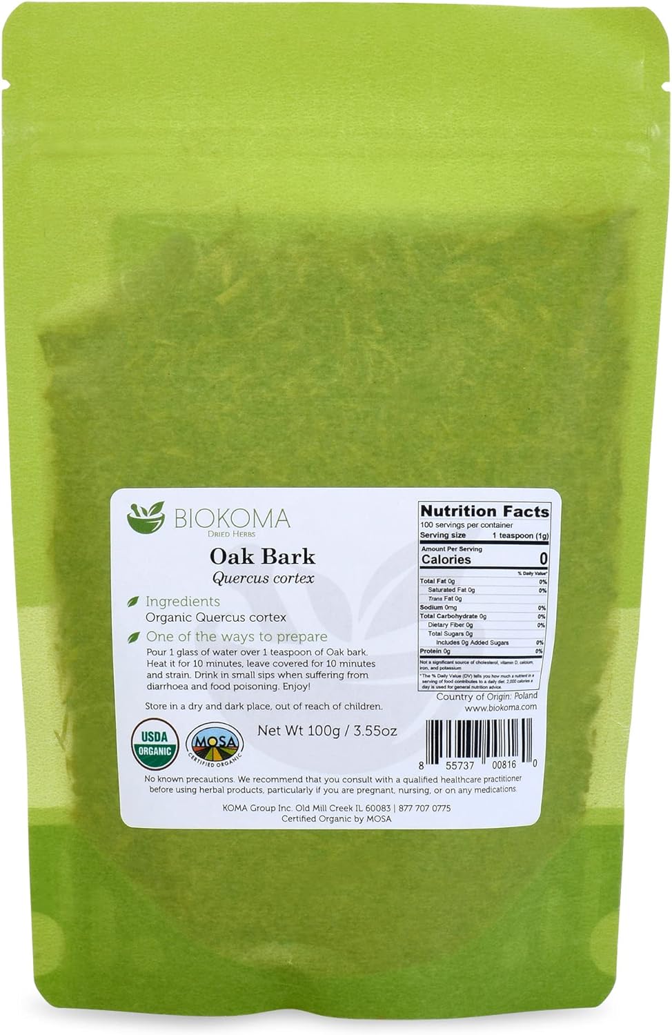 Biokoma  - Pure and Organic Oak Bark Dried Herb 100g (3.55oz) in Resealable Moisture Proof Pouch - EXP 11/23