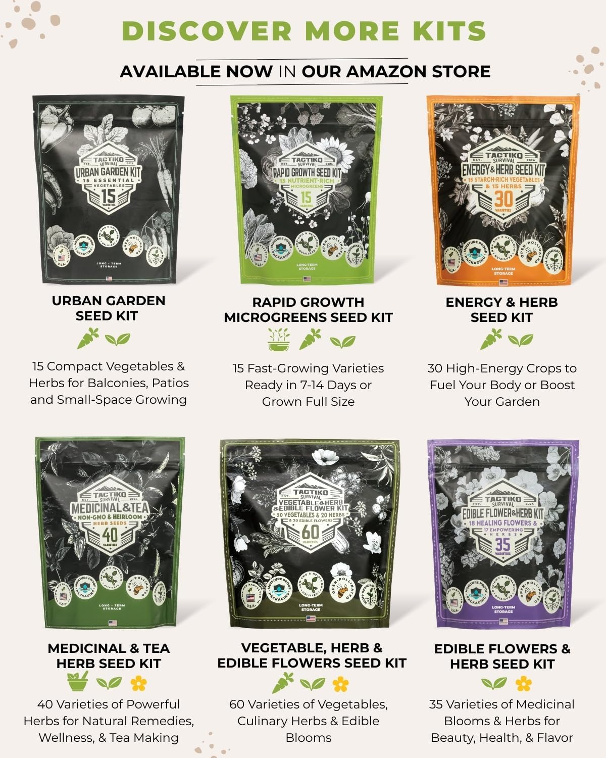 Tactiko Survival Vegetable and Herb Seed Kit (50 Variety, 25,000+ Seeds)