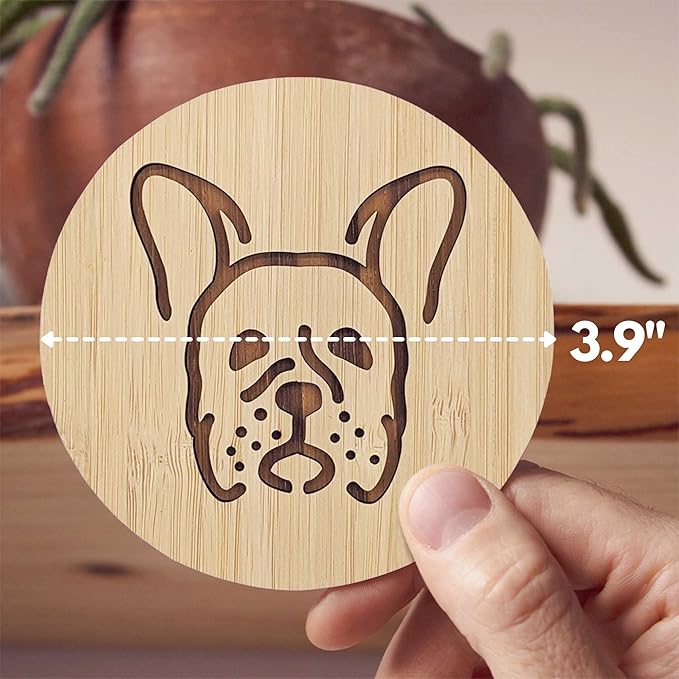 Set of 6 Bamboo Coasters with Holder - 3.9 Inch Fun Dog Coasters - Non-Stick Absorbent Engraved Laser-Cut - Durable, Washable (French Bulldog)