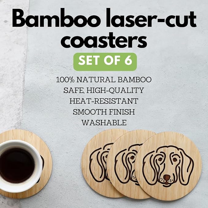 Set of 6 Bamboo Coasters with Holder - 3.9 Inch Fun Dog Coasters - Non-Stick Absorbent Engraved Laser-Cut - Durable, Washable (Dachshund)