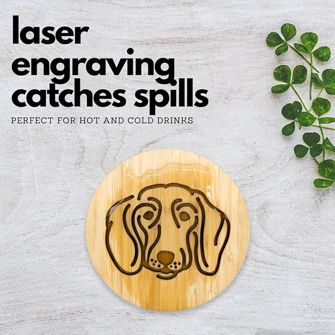 Set of 6 Bamboo Coasters with Holder - 3.9 Inch Fun Dog Coasters - Non-Stick Absorbent Engraved Laser-Cut - Durable, Washable (Dachshund)