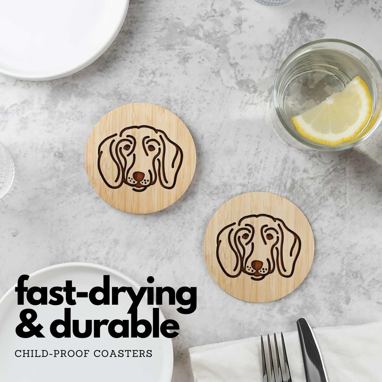 Set of 6 Bamboo Coasters with Holder - 3.9 Inch Fun Dog Coasters - Non-Stick Absorbent Engraved Laser-Cut - Durable, Washable (Dachshund)