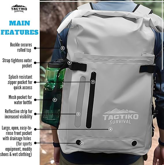 Tactiko Survival 30L Heavy-Duty 100% Waterproof Backpack - Equipment Pocket, Carabiner - Roll Top Floating Dry Bags (Light Gray)