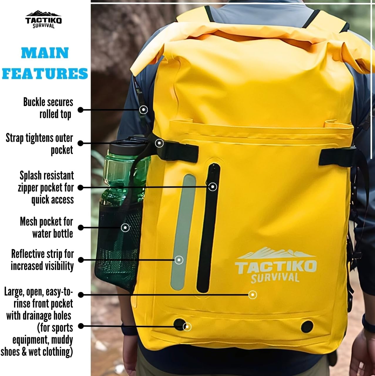 Tactiko Survival 30L Heavy-Duty 100% Waterproof Backpack - Dry Roll-Top Floating Backpack - Rip-Stop Tarpaulin - Comfortable Padded Shoulders & Back - Waist Strap - Large Utility Pocket, Carabiner (Yellow)