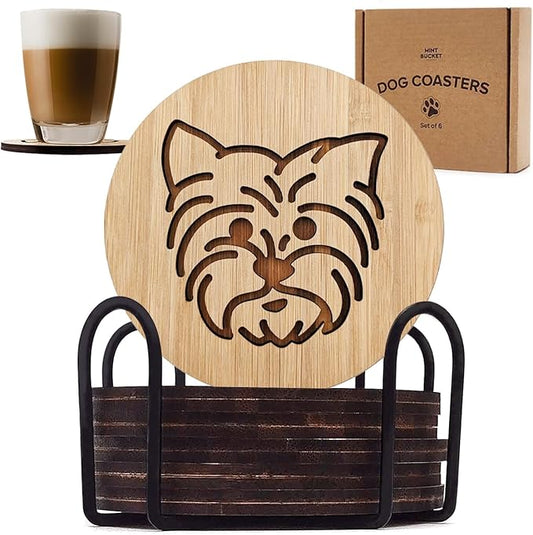 Set of 6 Bamboo Coasters with Holder - 3.9 Inch Fun Dog Coasters - Non-Stick Absorbent Engraved Laser-Cut - Durable, Washable (Yorkie)