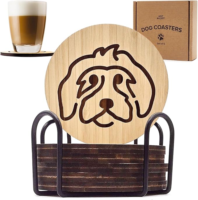 Bamboo Doodle Coasters with Holder (Set of 6, 3.9″)