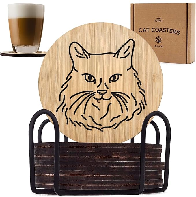 Bamboo Persian Cat Coasters with Holder (Set of 6, 3.9″)