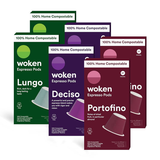 WOKEN COFFEE Compostable Nespresso Pods Variety Pack - Dark and Medium Roast Italian Espresso Coffee Capsules Compatible With Nespresso Coffee Machine (60 Pod Count, 6 Boxes)