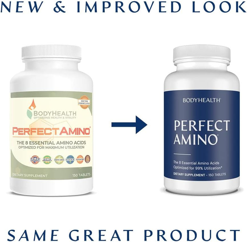 BodyHealth PerfectAmino Tablets (1PK), All 8 Essential Amino Acids with BCAAs + Lysine, Phenylalanine, Threonine, Methionine, Tryptophan, Supplement for Muscle Mass Production, Recovery & Strength - 150 Tablets - EXP 11/2024