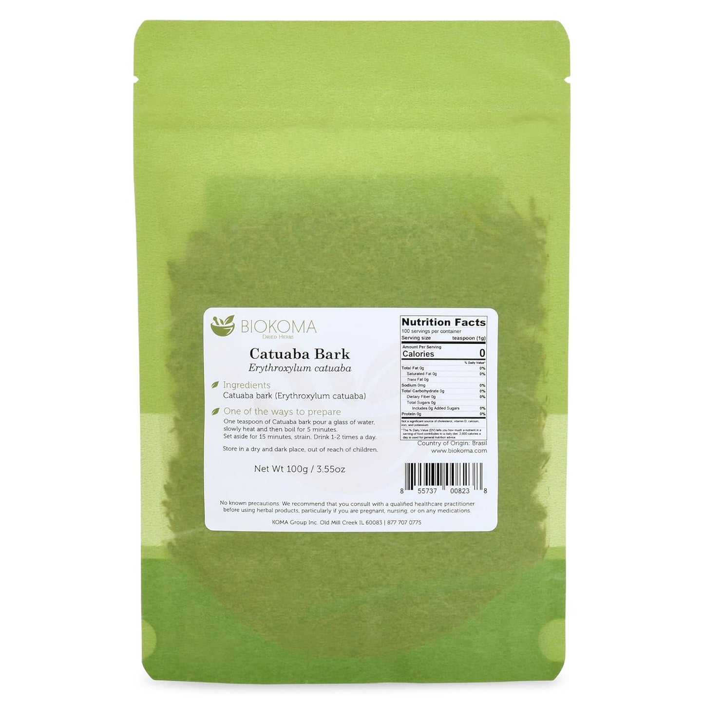 Pure and Natural Biokoma Catuaba Bark Dried Herb - Herbal Tea in Resealable Pack Moisture Proof Pouch 100g - EXP 12/23/2026