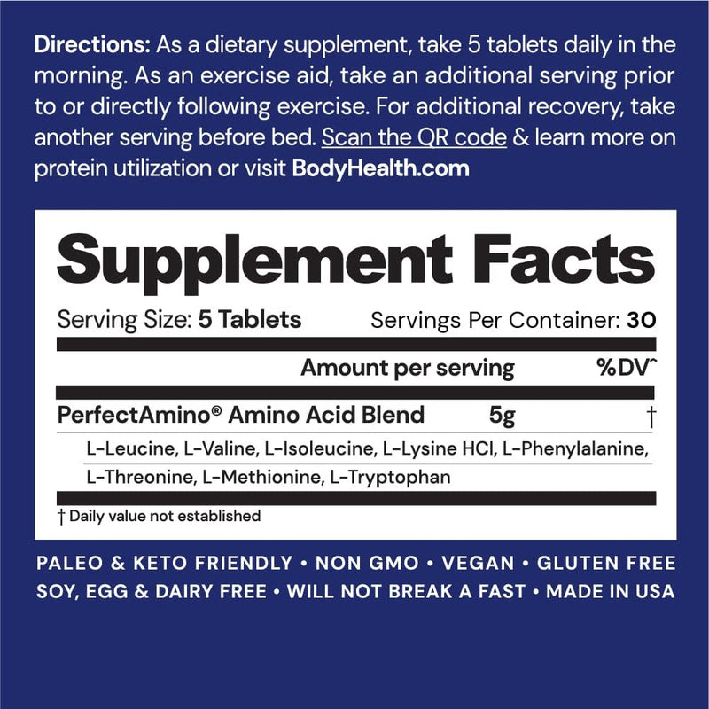 BodyHealth PerfectAmino Tablets (1PK), All 8 Essential Amino Acids with BCAAs + Lysine, Phenylalanine, Threonine, Methionine, Tryptophan, Supplement for Muscle Mass Production, Recovery & Strength - 150 Tablets - EXP 11/2024