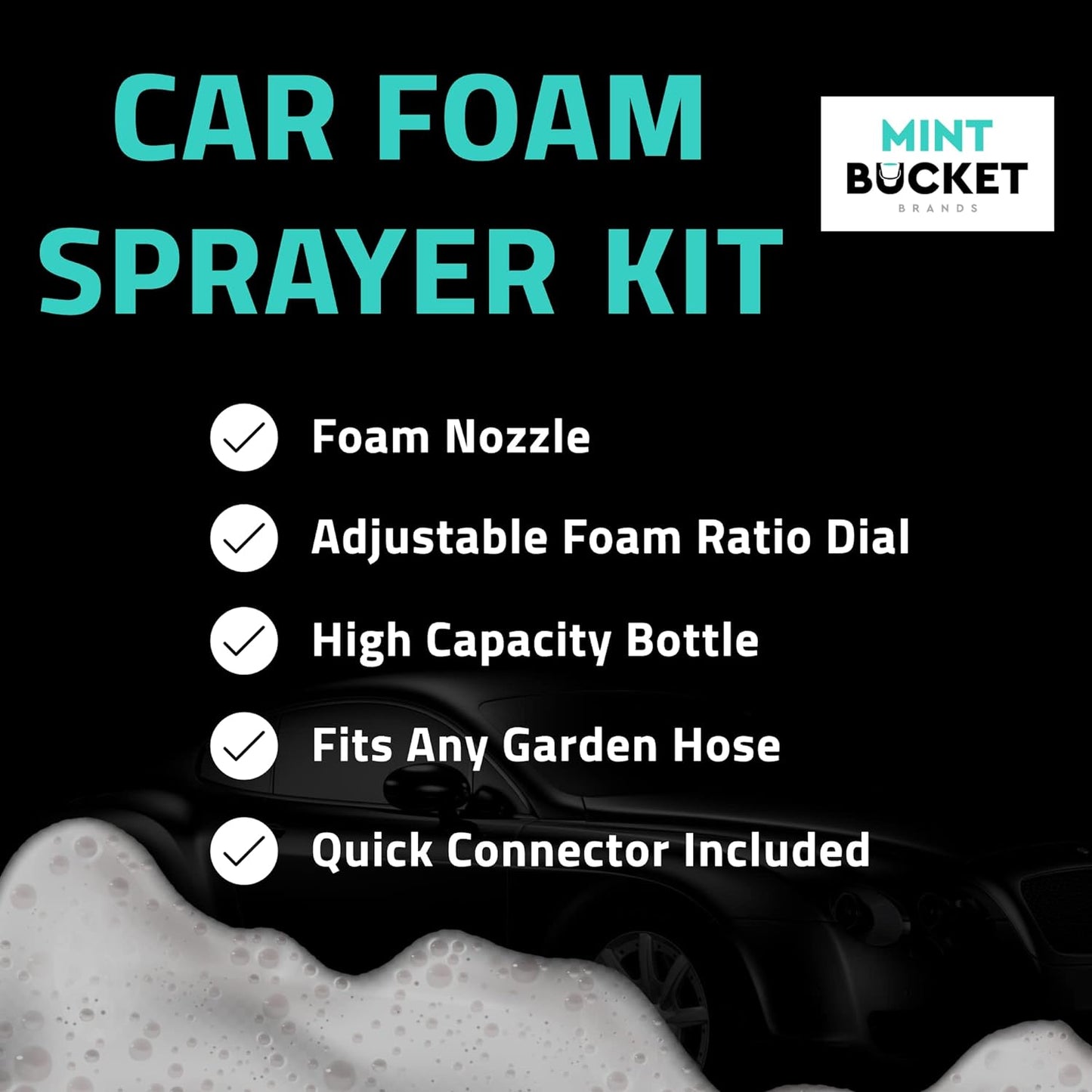 Mint Bucket Brands Foam Car Wash Gun Sprayer + Microfiber Mitt - Rich Suds - Attach to Garden Hose - Car Cleaning Foam – Mix w Car Wash Soap and Water - Auto Detailing Kit