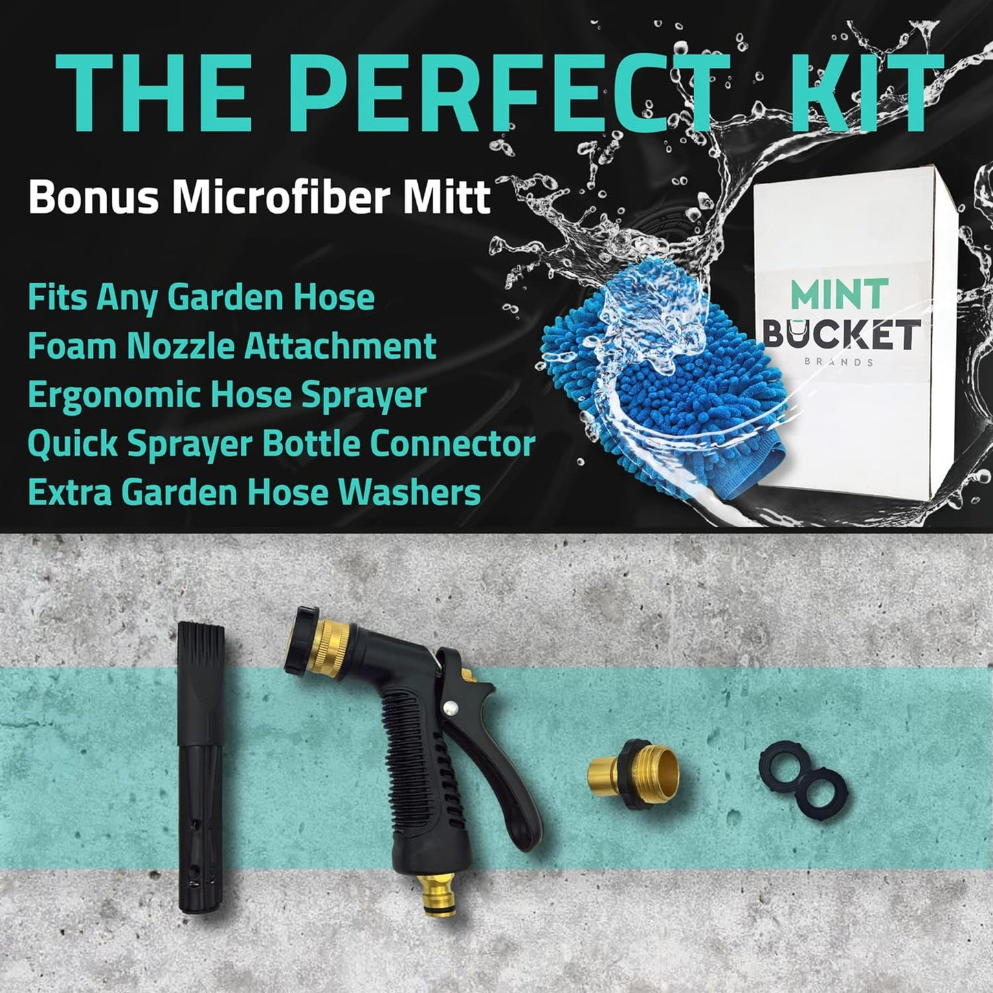 Mint Bucket Brands Foam Car Wash Gun Sprayer + Microfiber Mitt - Rich Suds - Attach to Garden Hose - Car Cleaning Foam – Mix w Car Wash Soap and Water - Auto Detailing Kit