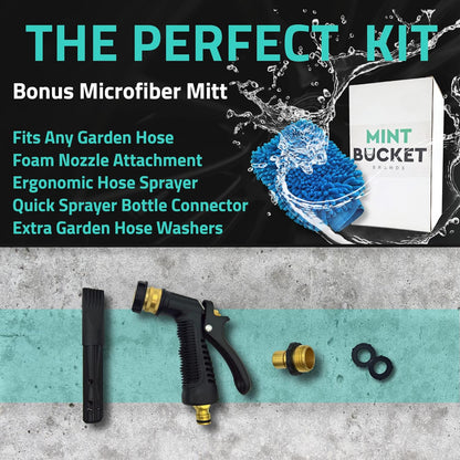 Mint Bucket Brands Foam Car Wash Gun Sprayer + Microfiber Mitt - Rich Suds - Attach to Garden Hose - Car Cleaning Foam – Mix w Car Wash Soap and Water - Auto Detailing Kit