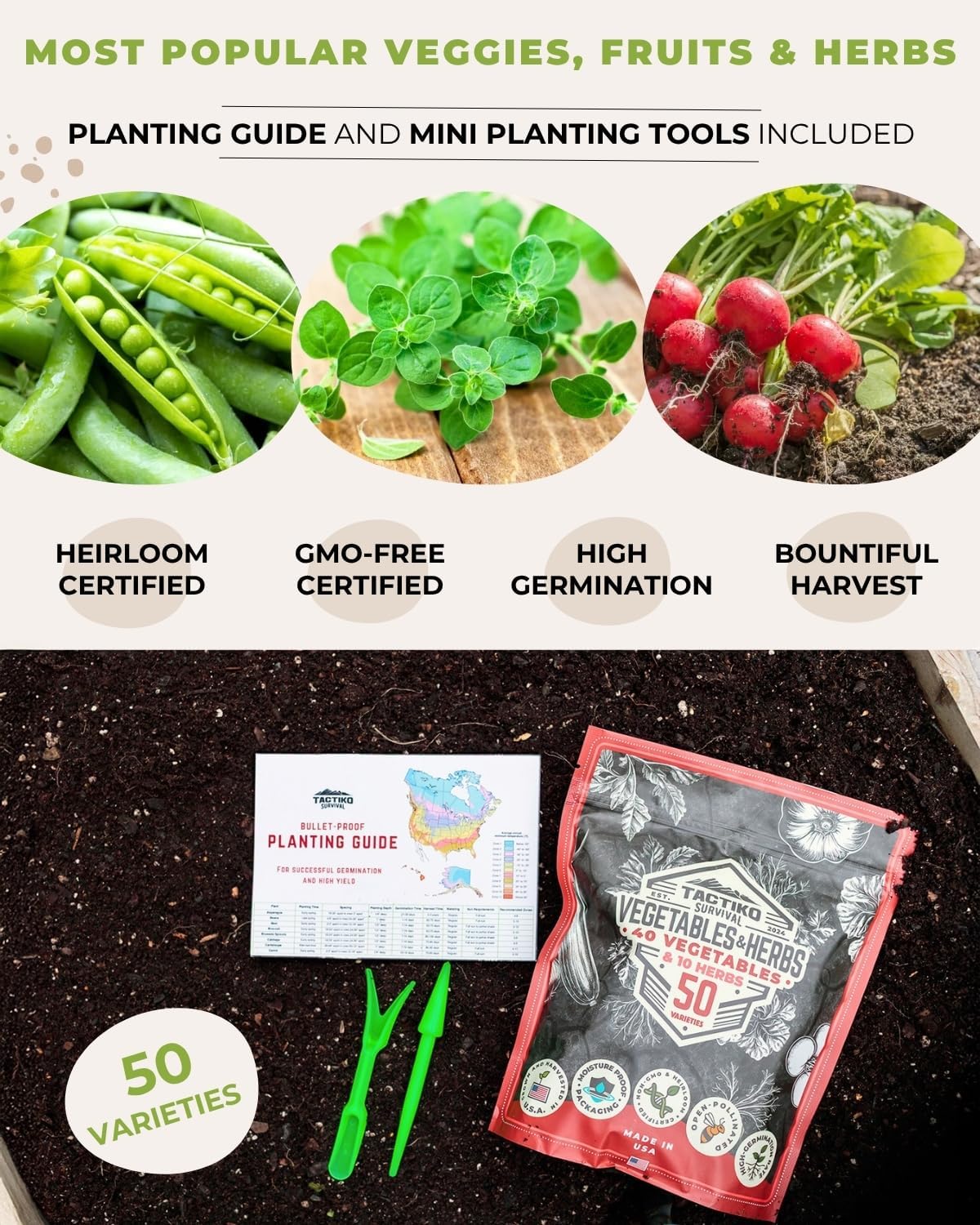 Tactiko Survival Vegetable and Herb Seed Kit (50 Variety, 25,000+ Seeds)