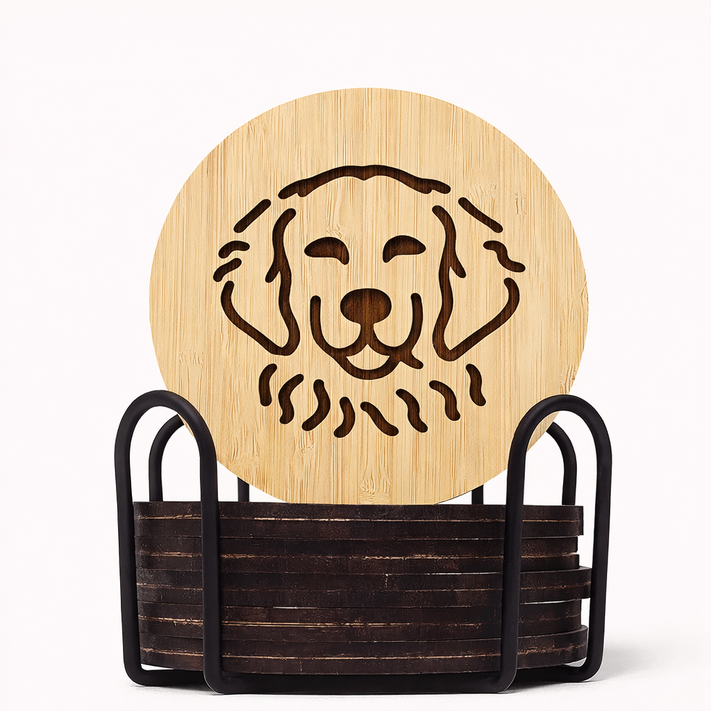 Bamboo Retriever Coasters with Holder (Set of 6, 3.9″)
