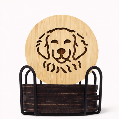 Bamboo Retriever Coasters with Holder (Set of 6, 3.9″)