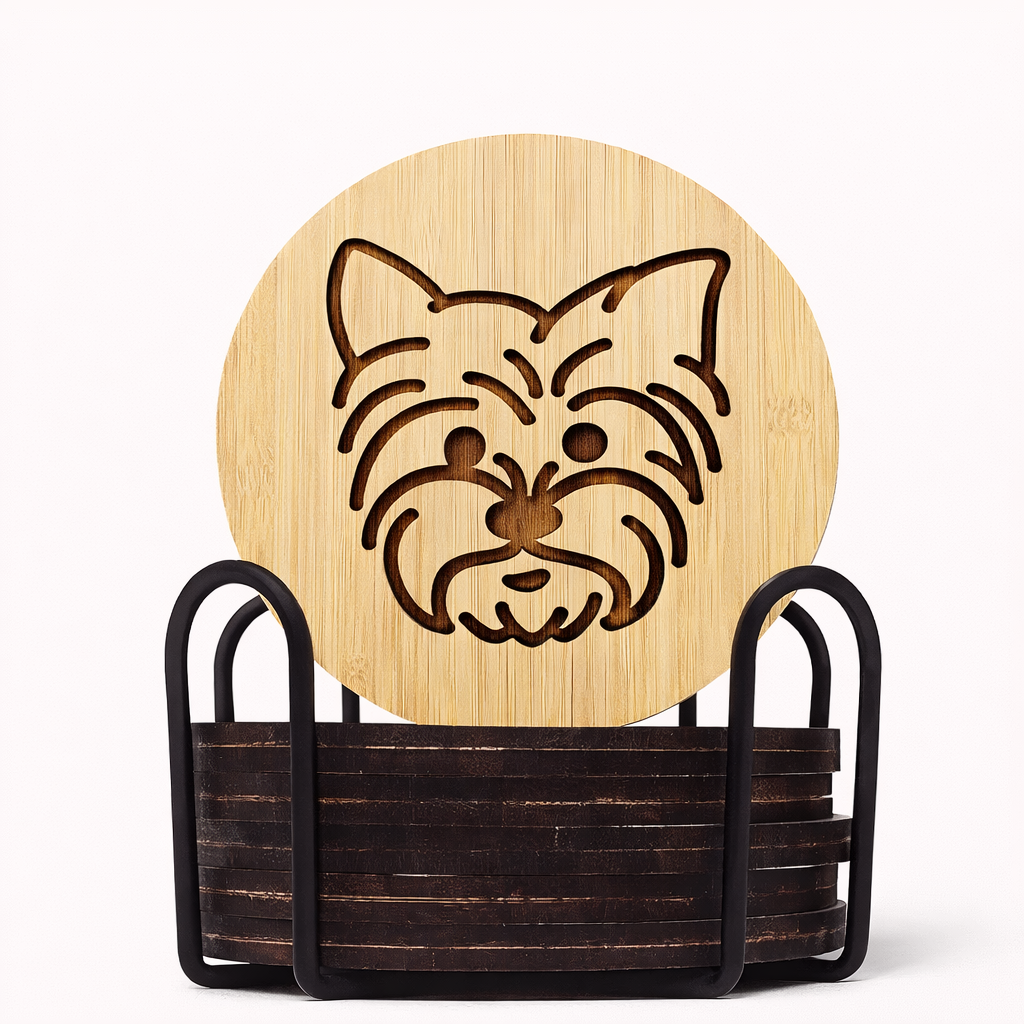 Bamboo Yorkie Coasters with Holder (Set of 6, 3.9″)