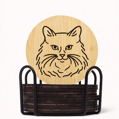 Bamboo Persian Cat Coasters with Holder (Set of 6, 3.9″)