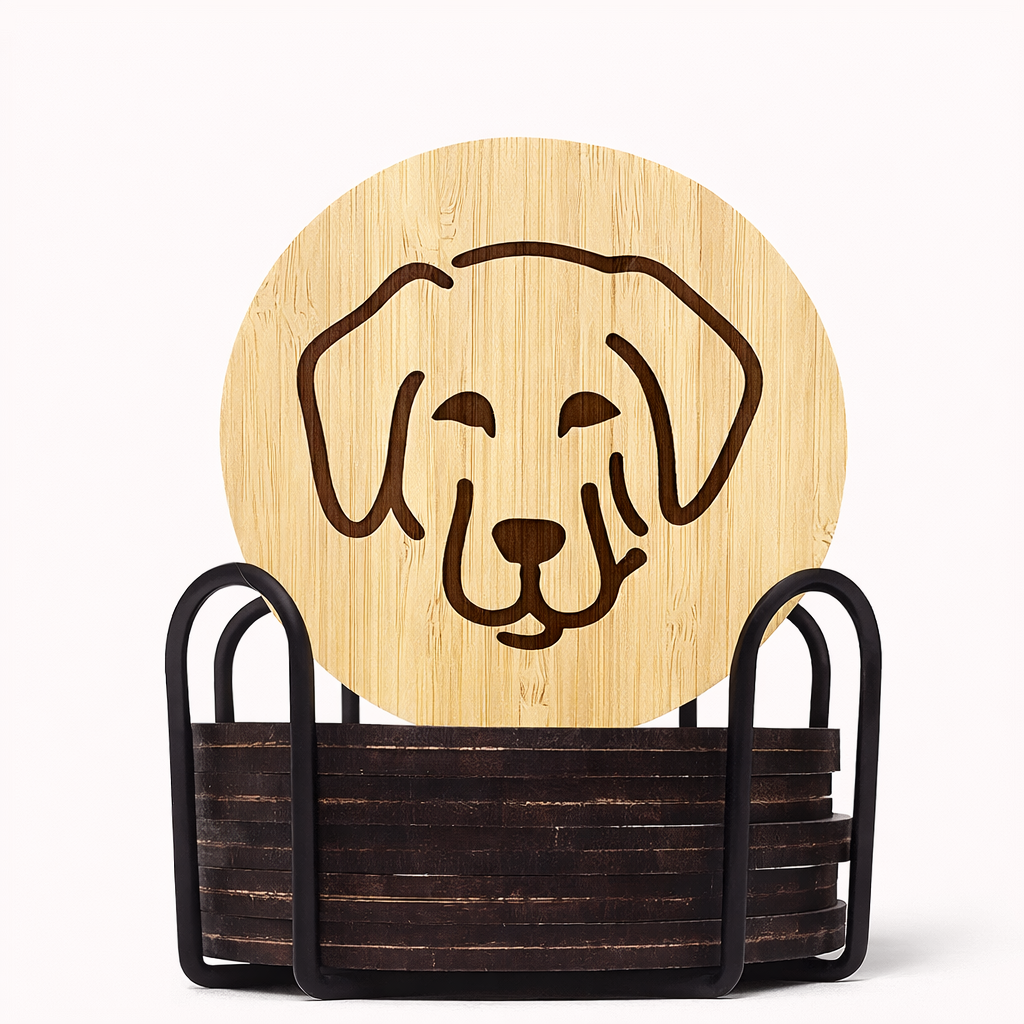 Bamboo Labrador Coasters with Holder (Set of 6, 3.9″)