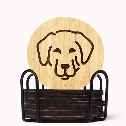 Bamboo Labrador Coasters with Holder (Set of 6, 3.9″)