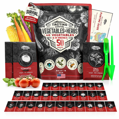 Tactiko Survival Vegetable and Herb Seed Kit (50 Variety, 25,000+ Seeds)