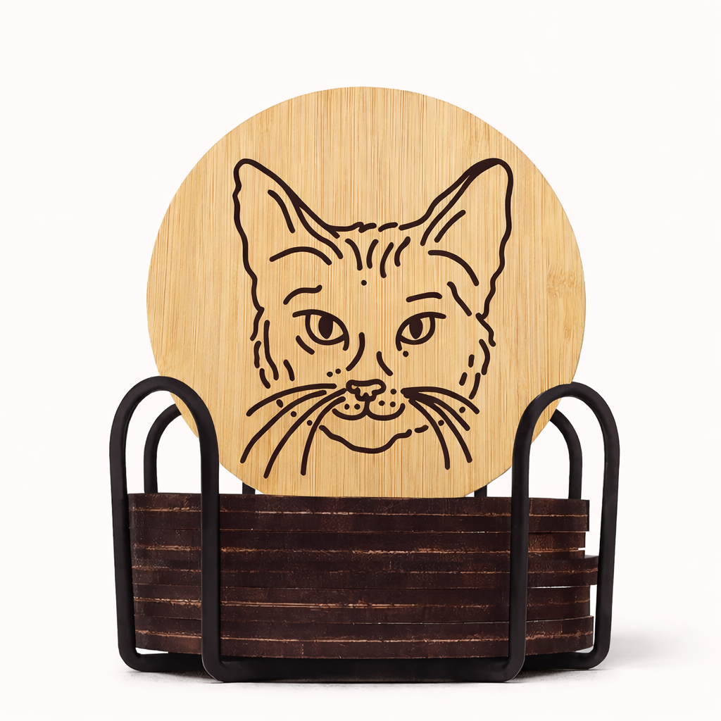 Bamboo Cat Coasters with Holder (Set of 6, 3.9″)