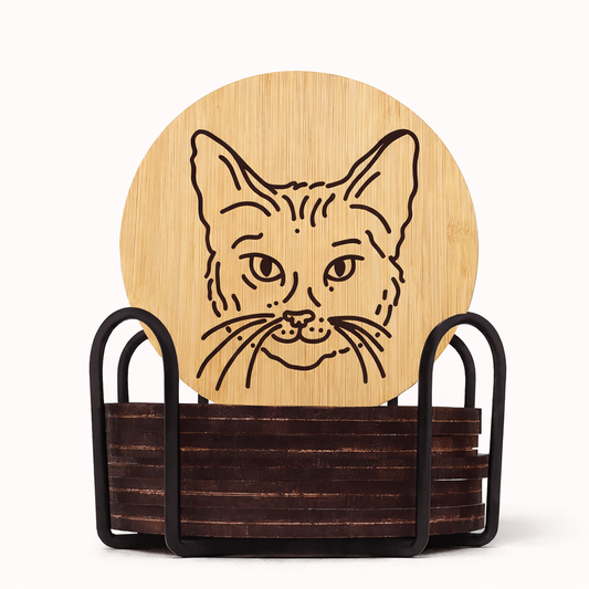 Bamboo Cat Coasters with Holder (Set of 6, 3.9″)