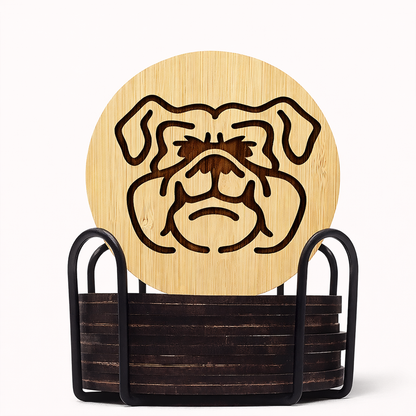 Bamboo Bulldog Coasters with Holder (Set of 6, 3.9″)
