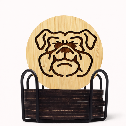 Bamboo Bulldog Coasters with Holder (Set of 6, 3.9″)