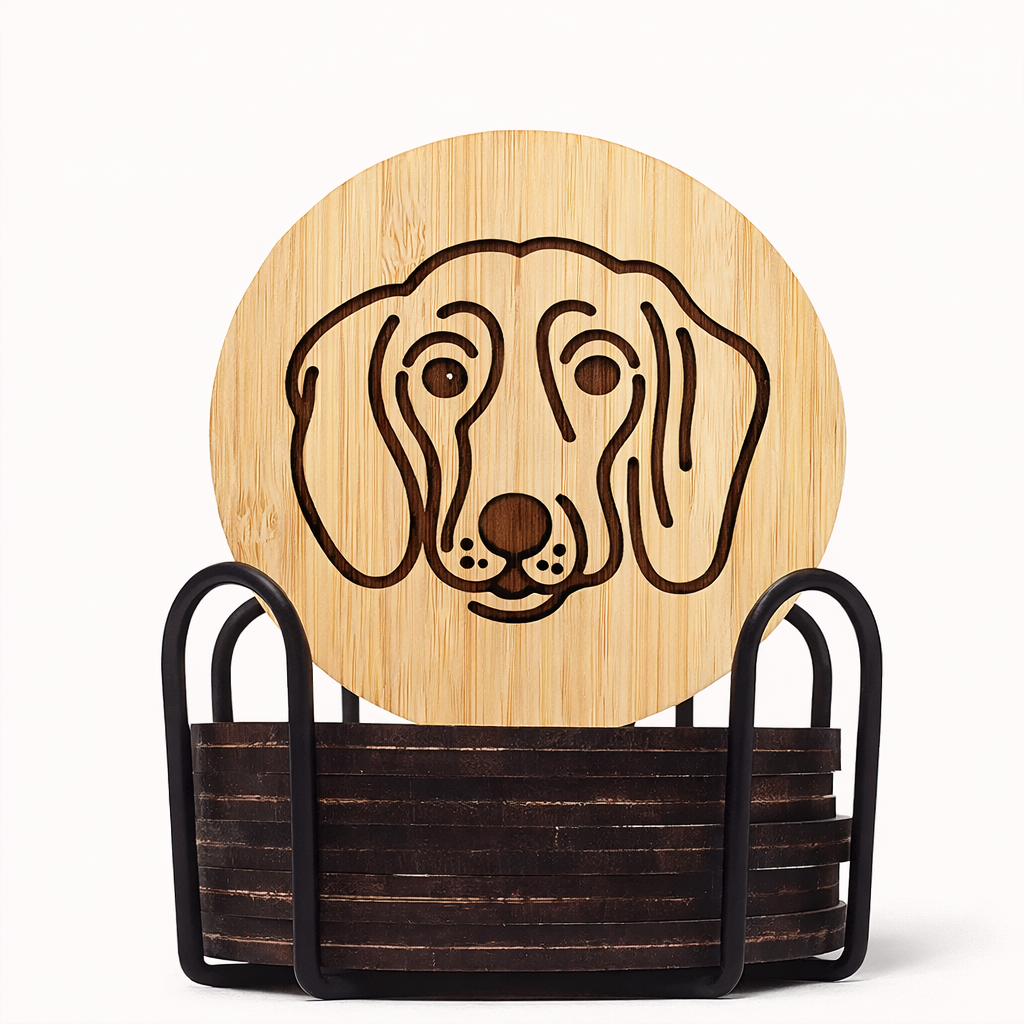 Bamboo Dachshund Coasters with Holder (Set of 6, 3.9″)