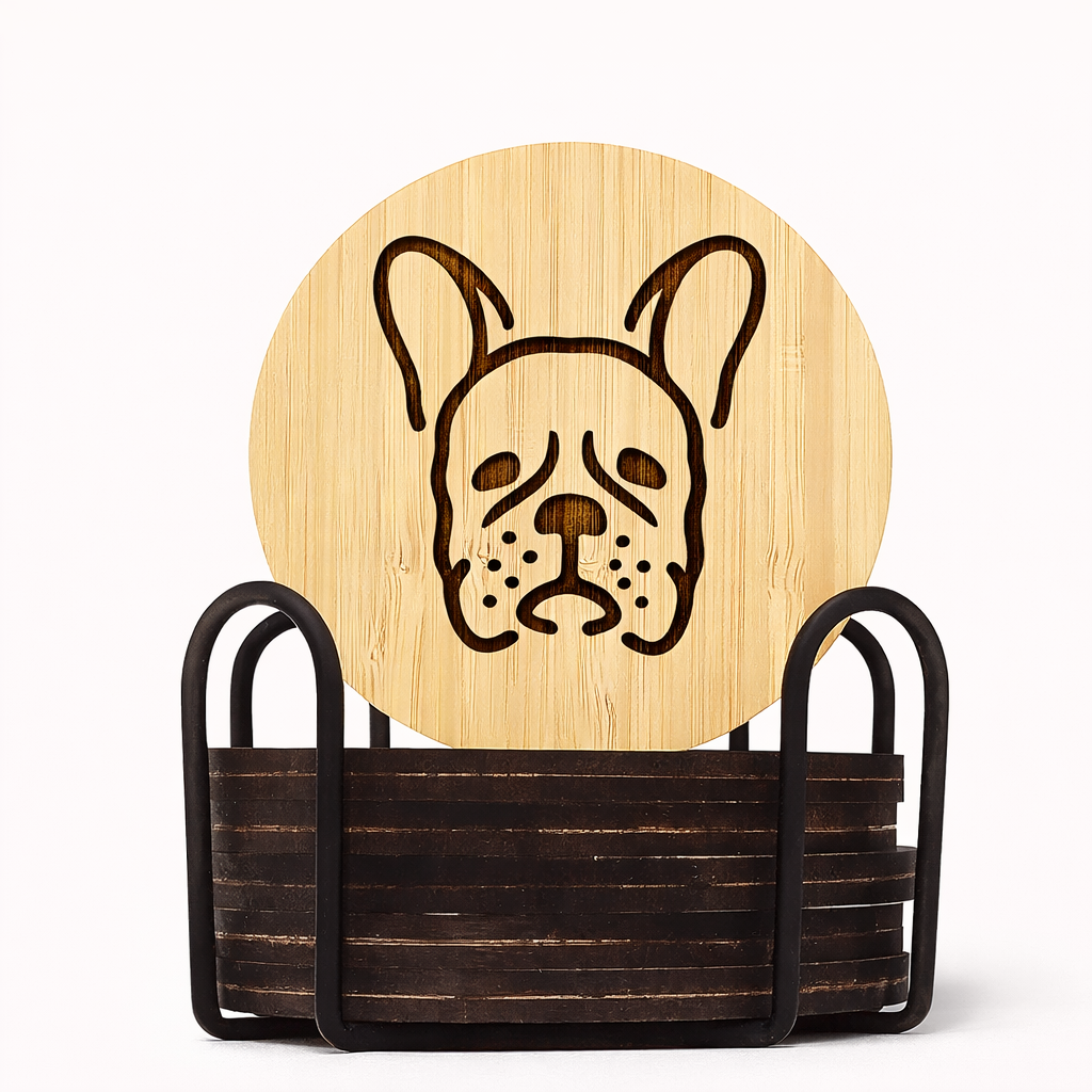 Bamboo French Bulldog Coasters with Holder (Set of 6, 3.9″)