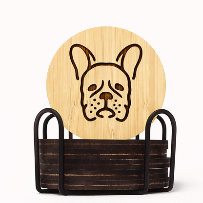 Bamboo French Bulldog Coasters with Holder (Set of 6, 3.9″)