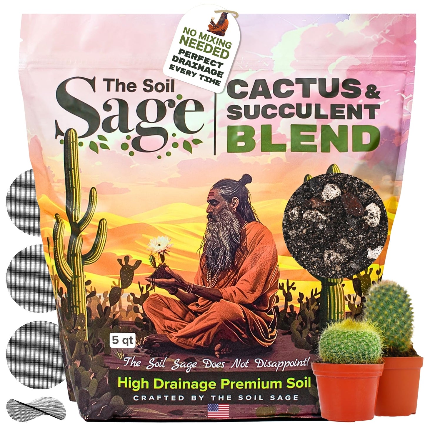The Soil Sage Hand-Blended Cactus & Succulent Soil Mix 5Qt - Fast Draining Potting Mix with Mycorrhizae Fungi - Ideal for Echeveria, Aloe, Jade - Indoor Outdoor Plants - Made in U.S.A.