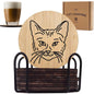 Set of 6 Bamboo Coasters with Holder - 3.9" Fun Cat Coasters - Non-Stick Absorbent Engraved Laser-Cut Coasters with Cat Face - Durable, Washable - Designed in U.S.A. (Cat)