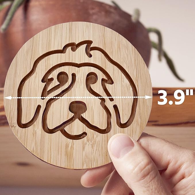 Set of 6 Bamboo Coasters with Holder - 3.9 Inch Fun Dog Coasters - Non-Stick Absorbent Engraved Laser-Cut - Durable, Washable (Doodle)