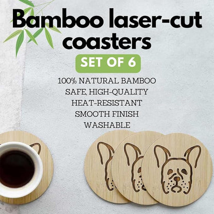 Set of 6 Bamboo Coasters with Holder - 3.9 Inch Fun Dog Coasters - Non-Stick Absorbent Engraved Laser-Cut - Durable, Washable (French Bulldog)