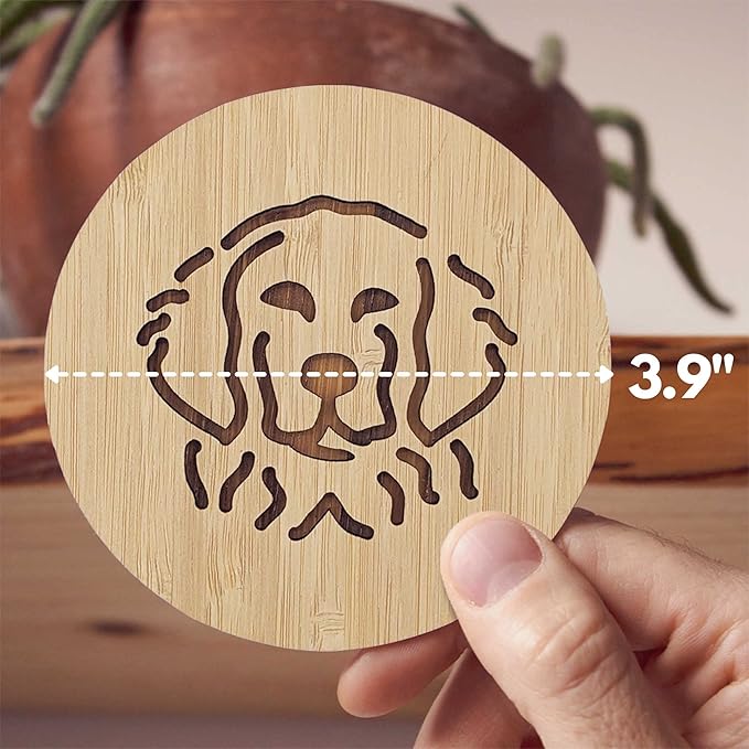 Set of 6 Bamboo Coasters with Holder - 3.9 Inch Fun Dog Coasters - Non-Stick Absorbent Engraved Laser-Cut - Durable, Washable (Retriever)