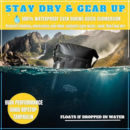 Tactiko Survival 30L Heavy-Duty 100% Waterproof Backpack - Equipment Pocket, Carabiner - Roll Top Floating Dry Bags (Jet Black)