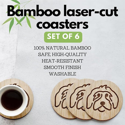 Set of 6 Bamboo Coasters with Holder - 3.9 Inch Fun Dog Coasters - Non-Stick Absorbent Engraved Laser-Cut - Durable, Washable (Doodle)