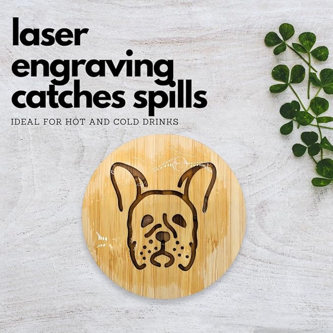 Set of 6 Bamboo Coasters with Holder - 3.9 Inch Fun Dog Coasters - Non-Stick Absorbent Engraved Laser-Cut - Durable, Washable (French Bulldog)