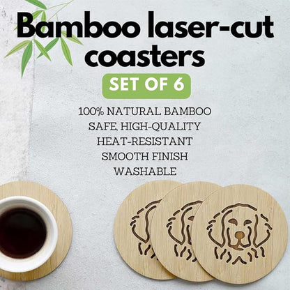 Set of 6 Bamboo Coasters with Holder - 3.9 Inch Fun Dog Coasters - Non-Stick Absorbent Engraved Laser-Cut - Durable, Washable (Retriever)