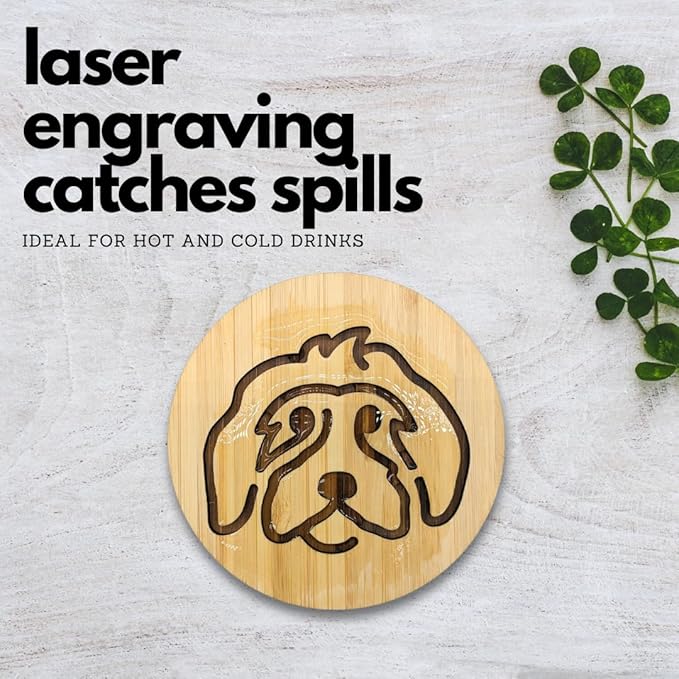 Set of 6 Bamboo Coasters with Holder - 3.9 Inch Fun Dog Coasters - Non-Stick Absorbent Engraved Laser-Cut - Durable, Washable (Doodle)