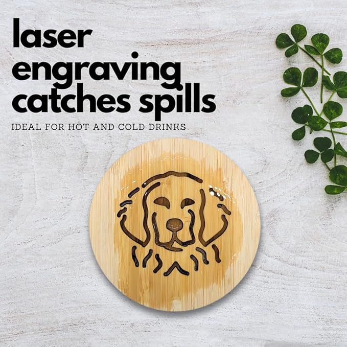 Set of 6 Bamboo Coasters with Holder - 3.9 Inch Fun Dog Coasters - Non-Stick Absorbent Engraved Laser-Cut - Durable, Washable (Retriever)