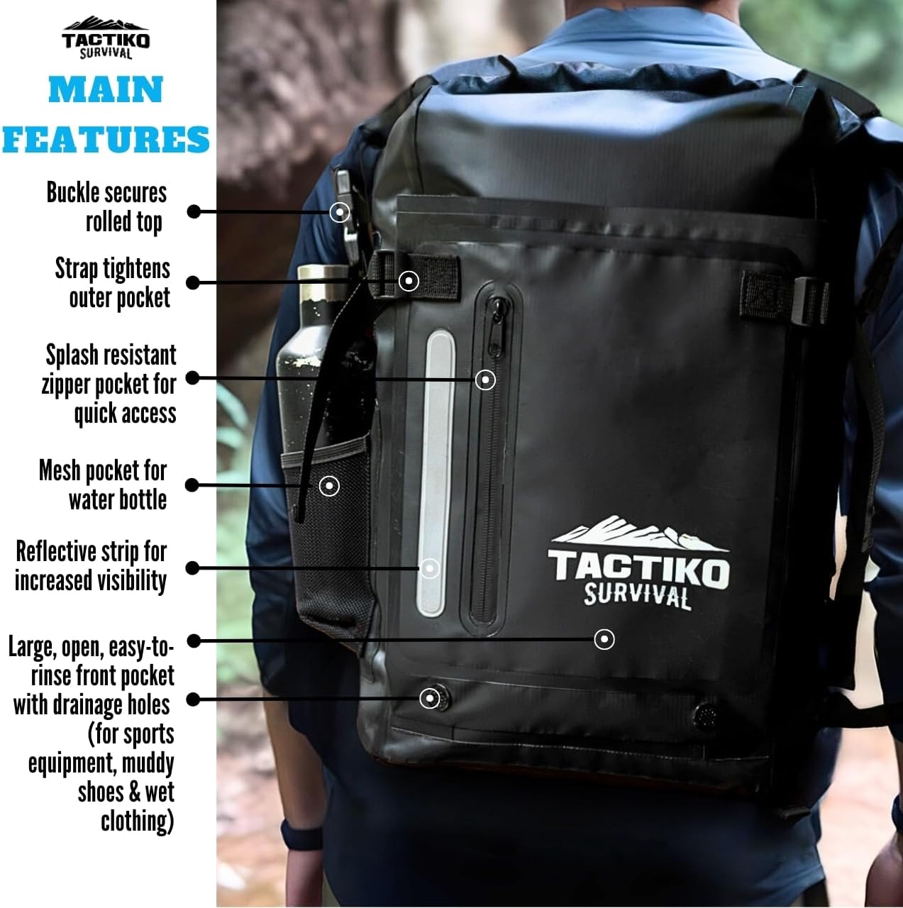 Tactiko Survival 30L Heavy-Duty 100% Waterproof Backpack - Equipment Pocket, Carabiner - Roll Top Floating Dry Bags (Jet Black)