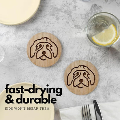 Set of 6 Bamboo Coasters with Holder - 3.9 Inch Fun Dog Coasters - Non-Stick Absorbent Engraved Laser-Cut - Durable, Washable (Doodle)