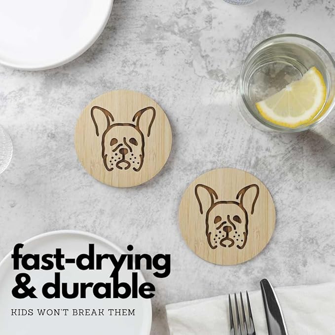 Set of 6 Bamboo Coasters with Holder - 3.9 Inch Fun Dog Coasters - Non-Stick Absorbent Engraved Laser-Cut - Durable, Washable (French Bulldog)