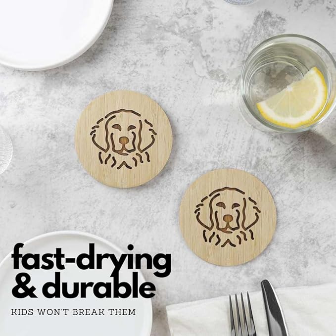 Set of 6 Bamboo Coasters with Holder - 3.9 Inch Fun Dog Coasters - Non-Stick Absorbent Engraved Laser-Cut - Durable, Washable (Retriever)