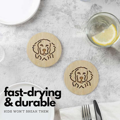 Set of 6 Bamboo Coasters with Holder - 3.9 Inch Fun Dog Coasters - Non-Stick Absorbent Engraved Laser-Cut - Durable, Washable (Retriever)