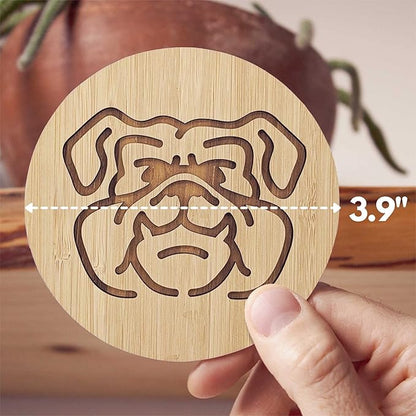 Set of 6 Bamboo Coasters with Holder - 3.9 Inch Fun Dog Coasters - Non-Stick Absorbent Engraved Laser-Cut - Durable, Washable (Bulldog)